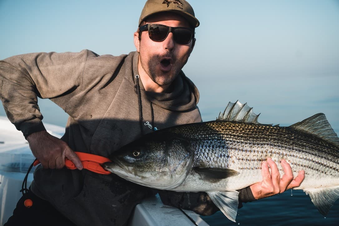 A man in a cap and sunglasses holding a large striped bass on a boat